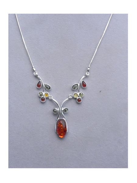 Genuine Baltic Amber Necklace - Multi Color Amber Leaf and Oval Amber - 925 S...