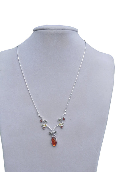Genuine Baltic Amber Necklace - Multi Color Amber Leaf and Oval Amber - 925 S...