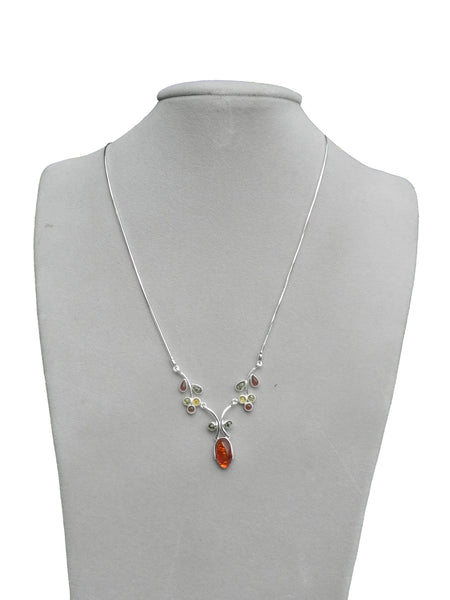 Genuine Baltic Amber Necklace - Multi Color Amber Leaf and Oval Amber - 925 S...