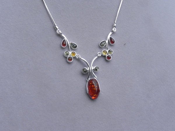 Genuine Baltic Amber Necklace - Multi Color Amber Leaf and Oval Amber - 925 S...