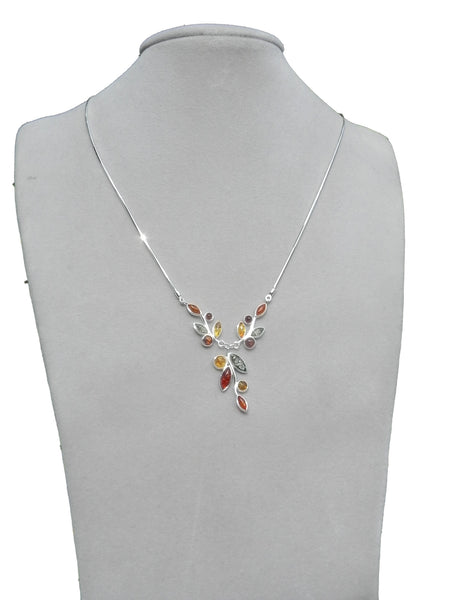 Genuine Baltic Amber Necklace - Multi Color Amber Flowery Pattern - 925 Sterl...