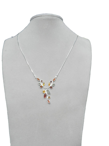 Genuine Baltic Amber Necklace - Multi Color Amber Flowery Pattern - 925 Sterl...