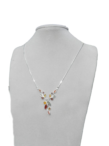 Genuine Baltic Amber Necklace - Multi Color Amber Flowery Pattern - 925 Sterl...