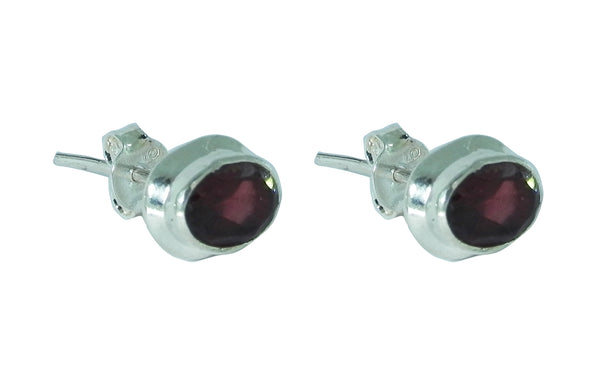 Garnet Oval Stud Earrings - Sterling Silver