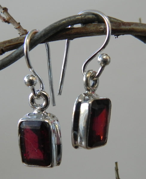 Garnet Rectangular Drop Earrings - Sterling Silver