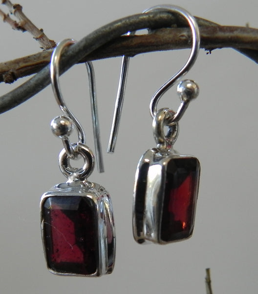 Garnet Rectangular Drop Earrings - Sterling Silver