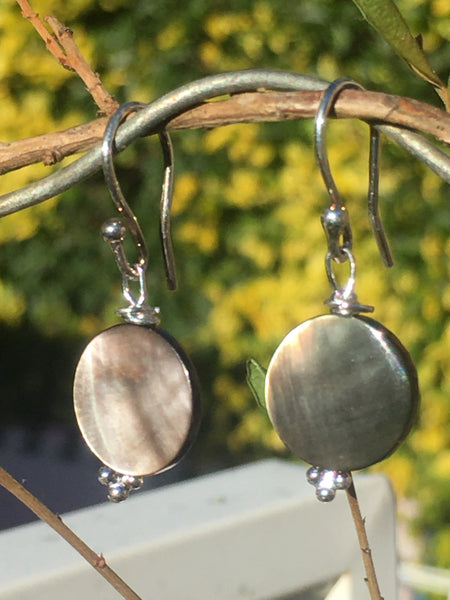 Mother of Pearl Circular Bead Earrings - Sterling Silver Hooks