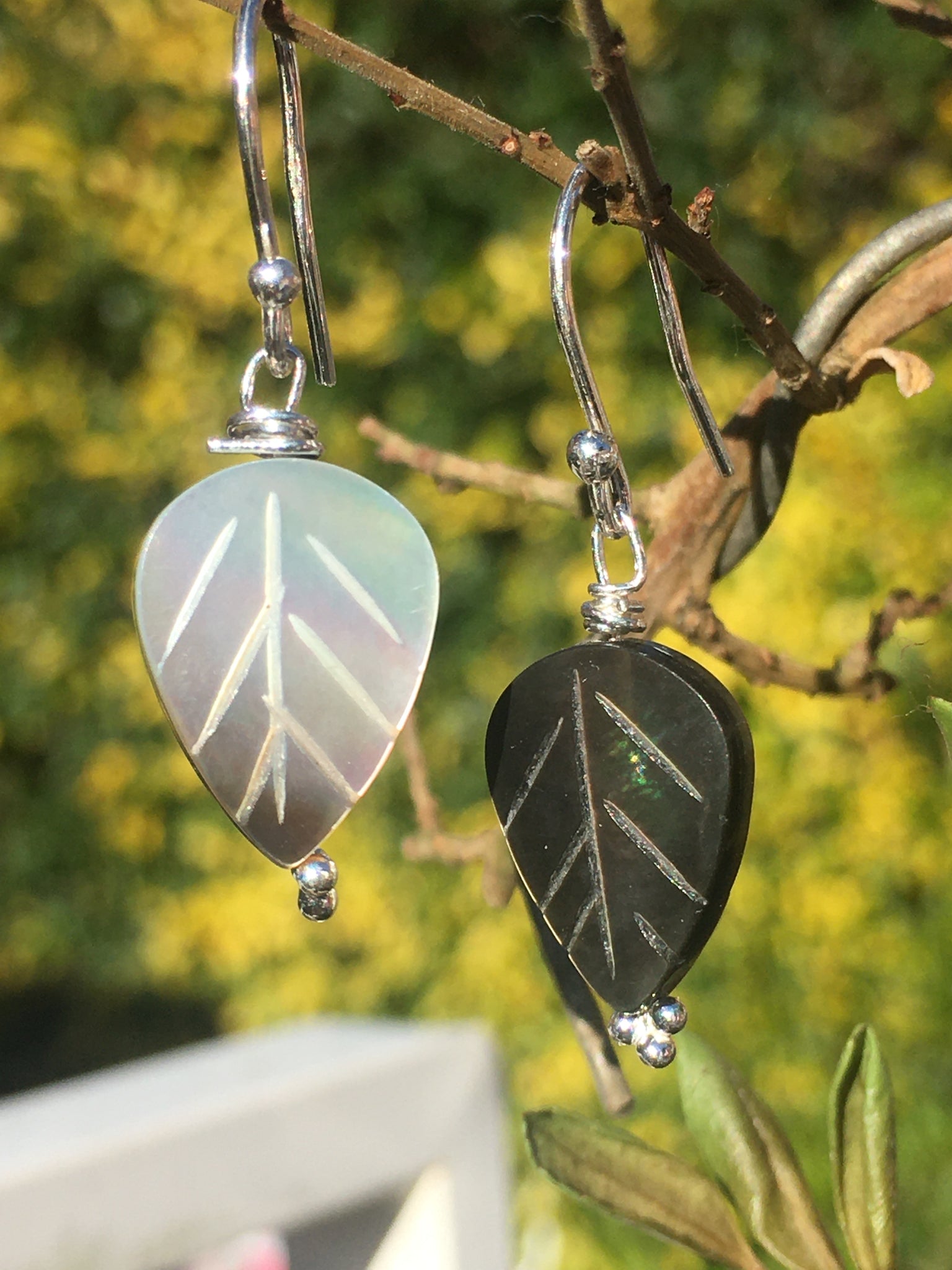 Mother of Pearl Leaf Bead Earrings - Sterling Silver Hooks