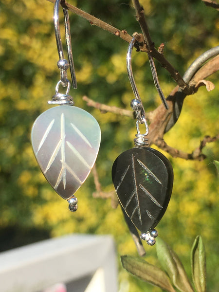 Mother of Pearl Leaf Bead Earrings - Sterling Silver Hooks