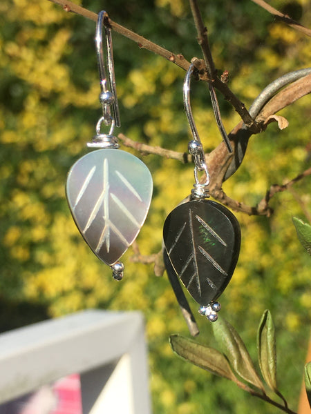 Mother of Pearl Leaf Bead Earrings - Sterling Silver Hooks