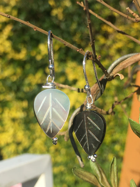 Mother of Pearl Leaf Bead Earrings - Sterling Silver Hooks