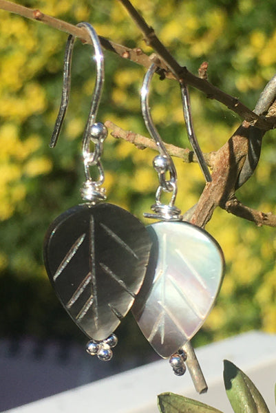 Mother of Pearl Leaf Bead Earrings - Sterling Silver Hooks