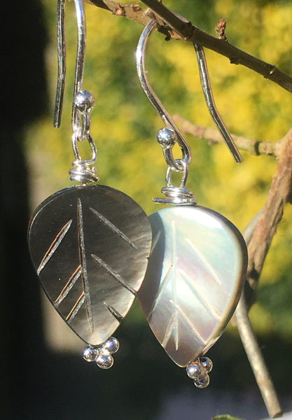 Mother of Pearl Leaf Bead Earrings - Sterling Silver Hooks