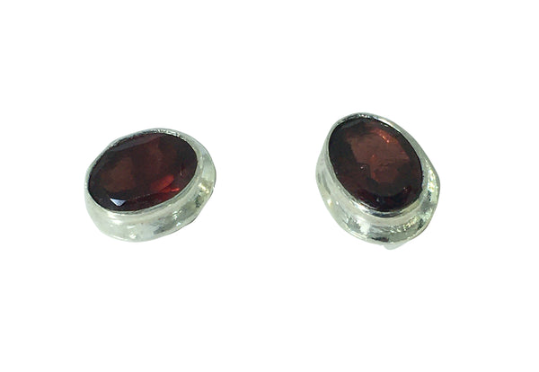 Garnet Oval Stud Earrings - Sterling Silver