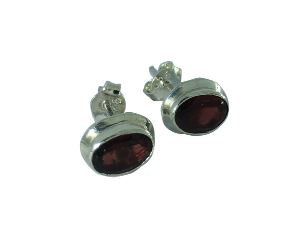 Garnet Oval Stud Earrings - Sterling Silver