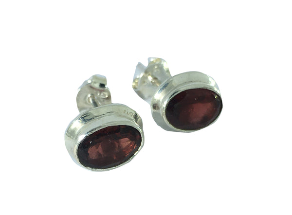 Garnet Oval Stud Earrings - Sterling Silver