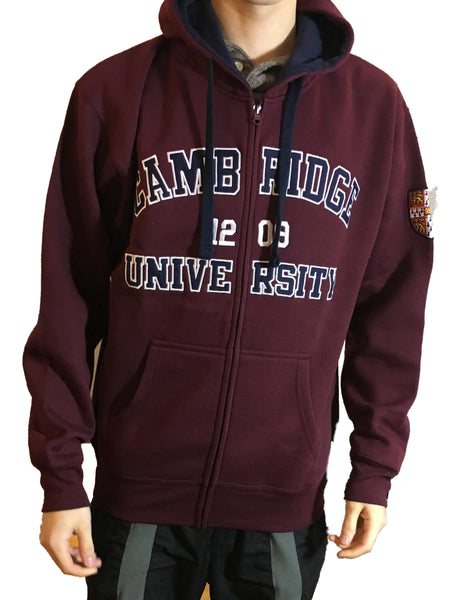 Cambridge University Zipped Hoody - Burgundy - Official Apparel of the Famous University of Cambridge
