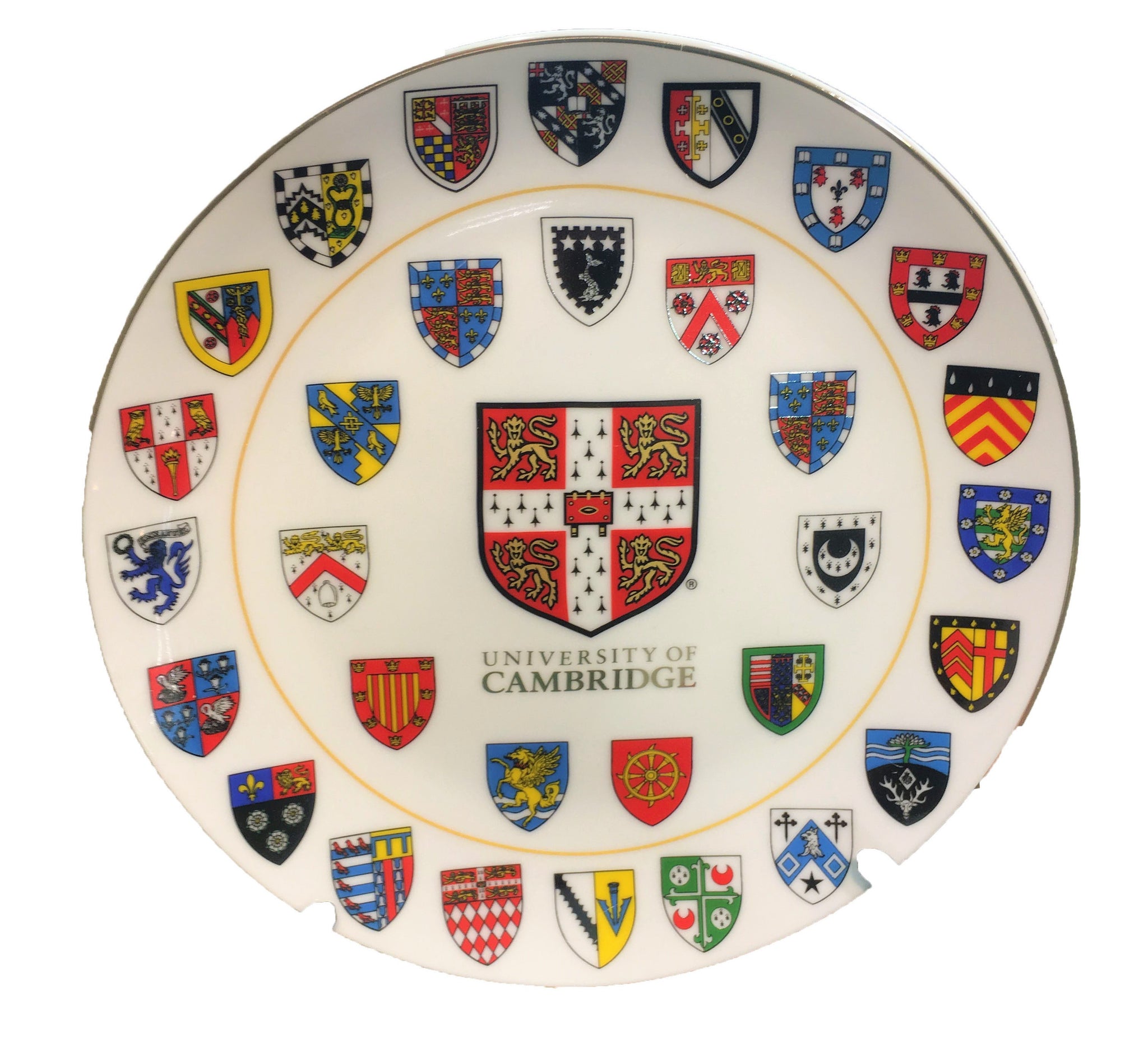 Cambridge University Ceramic Plate - 10cm Official  with stand and gift box - Displays Cambridge University Shield and all 31 College shields - 10cm