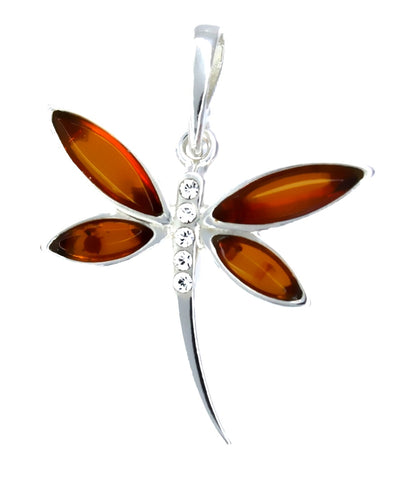 Genuine Baltic Amber Dragonfly Pendent - 925 Sterling Silver