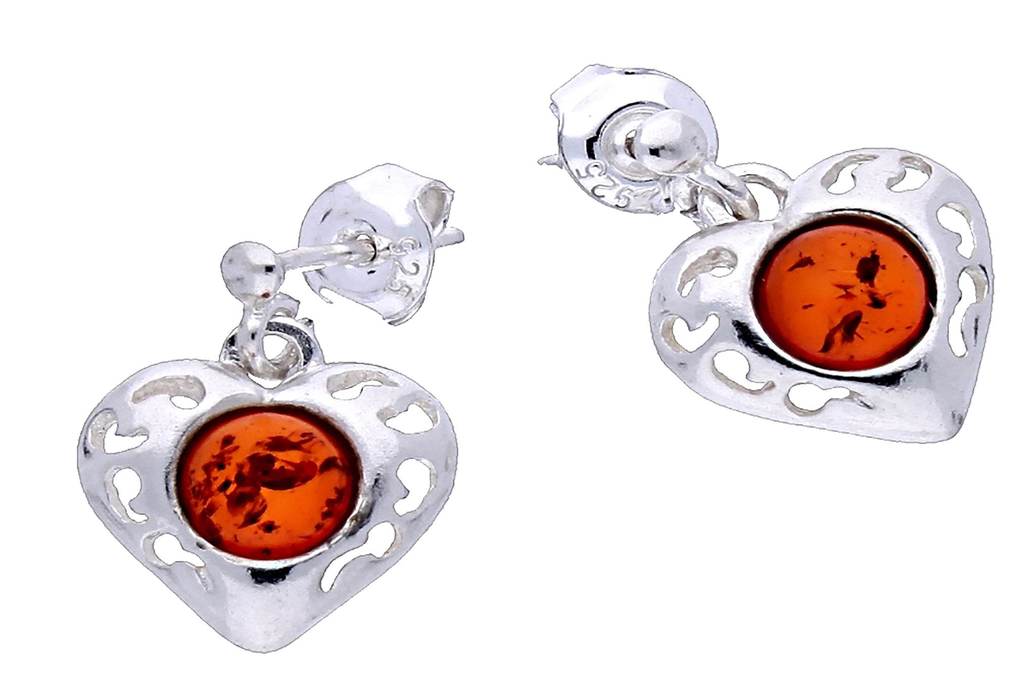 Genuine Baltic Amber - Heart Earring - 925 Sterling Silver