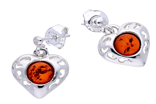 Genuine Baltic Amber - Heart Earring - 925 Sterling Silver