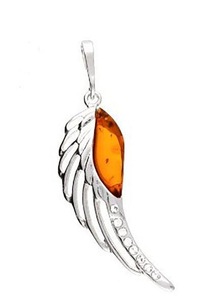 Genuine Baltic Amber - Feather Pendent - 925 Sterling Silver