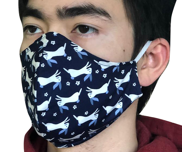 Homemade Cotton Face Mask - 1x Navy Bunny Mask + 1x Free Random Design mask