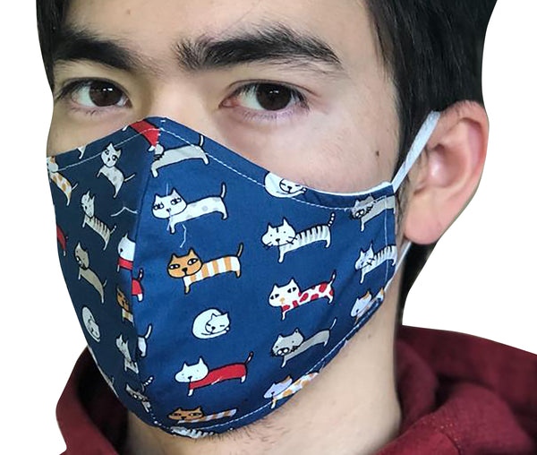 Homemade Cotton Face Mask - 1x Navy Cat Mask + 1x Free Random Design mask