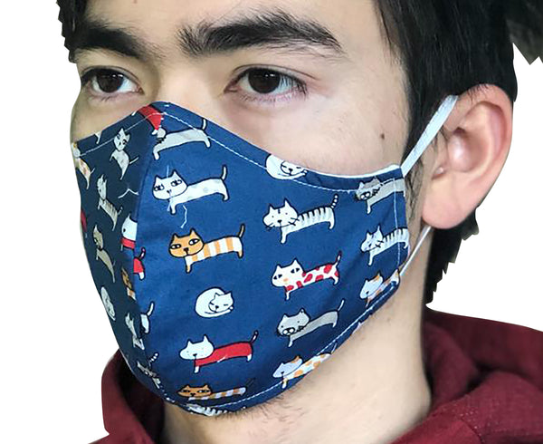 Homemade Cotton Face Mask - 1x Navy Cat Mask + 1x Free Random Design mask
