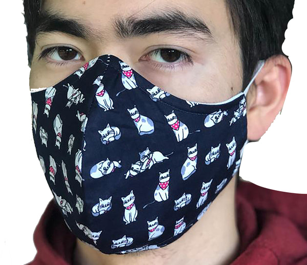 Homemade Cotton Face Mask - 1x Navy Cat Mask + 1x Free Random Design mask