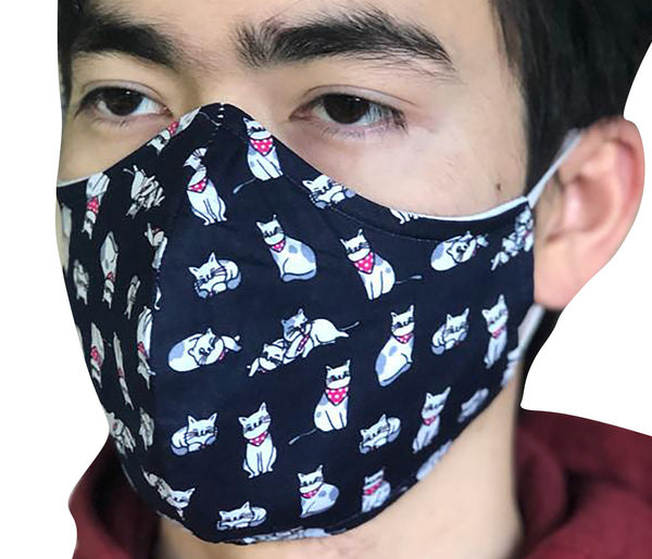 Homemade Cotton Face Mask - 1x Navy Cat Mask + 1x Free Random Design mask