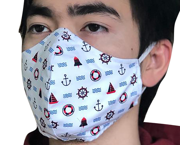 Homemade Cotton Face Mask - 1x White Nautical Mask + 1x Free Random Design mask